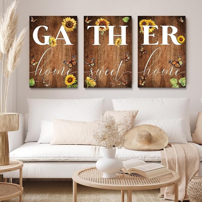 GUBIYU Rustic Farmhouse Dining Room Decor Cute Gather Signs - 'Home Sweet Home' Wall Decor with Sunflower Butterfly Design - 20"x28"