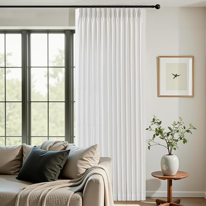 Pleated Linen Curtains Light Filtering Semi Sheer Drapes for Living Room | Semi Sheer, Farmhouse, Linen Blend, Pinch Pleat, Hooks Rings, Large Window Drapes, Thick, W70xL90, 1 Panel, Snow White