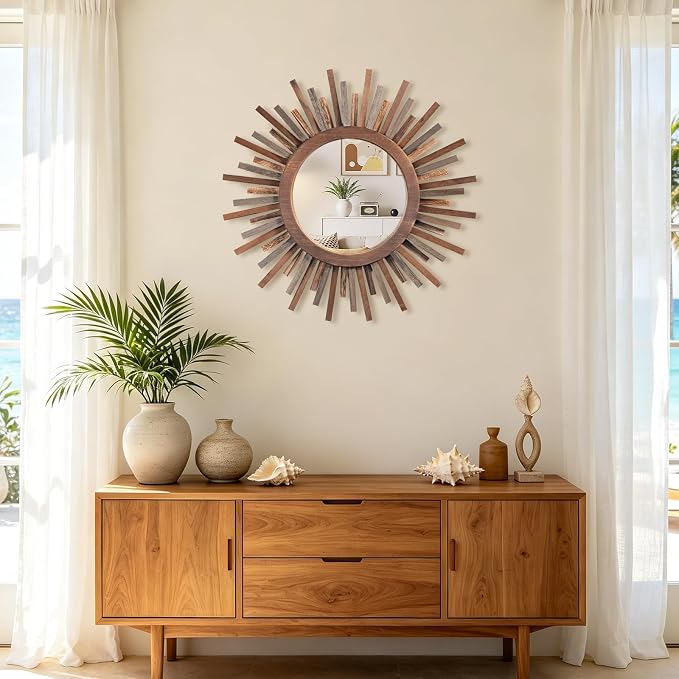 18 Inch Boho Sunburst Mirror, Decorative Rustic Farmhouse Wall Decor for Living Room, Bedroom, Bathroom, Hallway - Tricolor Wood Frame