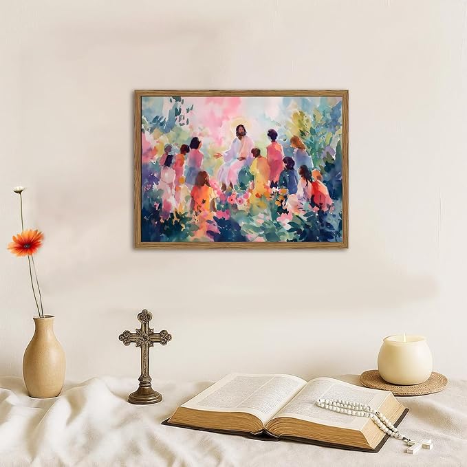 Framed Jesus With Children Wall Art, Christian Jesus Teaching Kids Wall Decor Paintings, Religious Nursery Poster Canvas Prints Artwork for Living Prayer Room Bedroom 12x16 inch