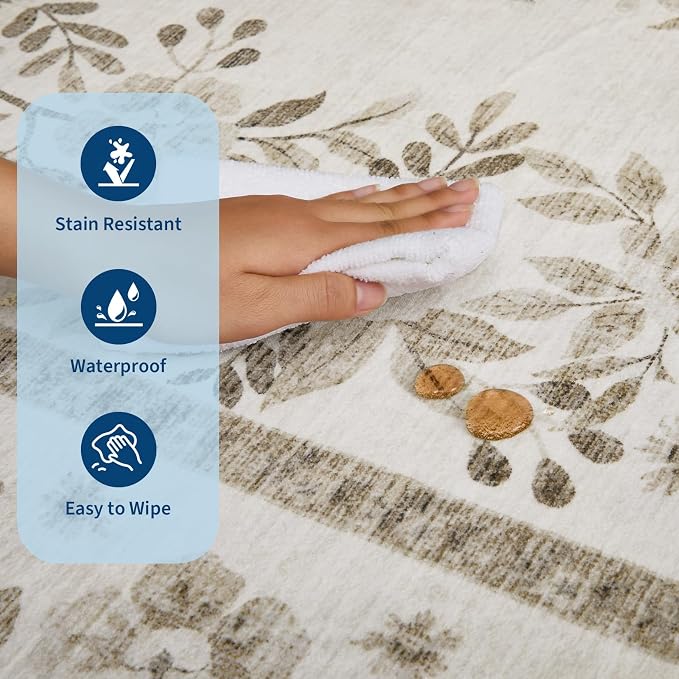 GarveeHome 3x5 Beige Rug for Laundry Room Vintage Flower Leaf Carpets | Vintage Floral Botanical Throw Rugs for Bedroom Non-Slip Low Pile Machine Washable Area Rug for Nursery Room Hallway Kitchen
