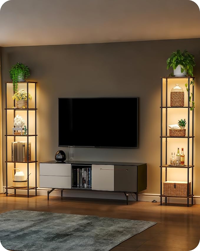 Display Shelf with Light, 5-Tier Modern Shelf Lamp, Corner Floor Lamp with Shelves, Dimmable LED Floor Lamp for Living Room with Remote, 3CCT, Timer, Wooden Corner Shelf Lamp, F52LD05