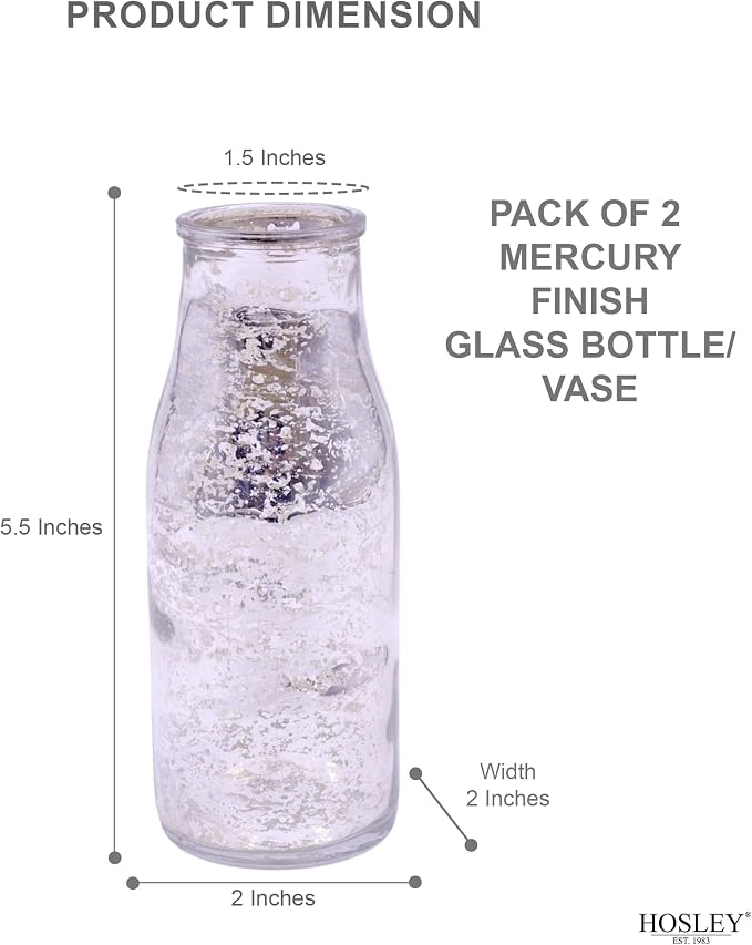 Hosley Set of 6 Silver Glass Bottle, 5.5" High. Ideal Gift for Floral Arrangements Wedding, Floral Vase, Party, Home Decor, Office, Spa