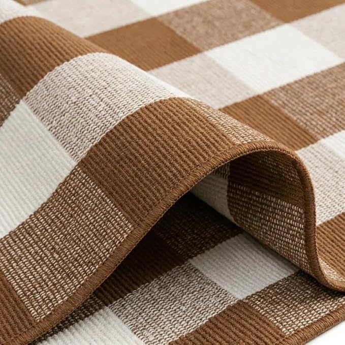 SEEKSEE Buffalo Plaid Outdoor Rug 3' x 5' Coffee and White Front Door Mat, Layering Rug for Porch, Fall Doormat, Front Porch Rug for Outdoor Entrance Entryway Patio Porch Decor