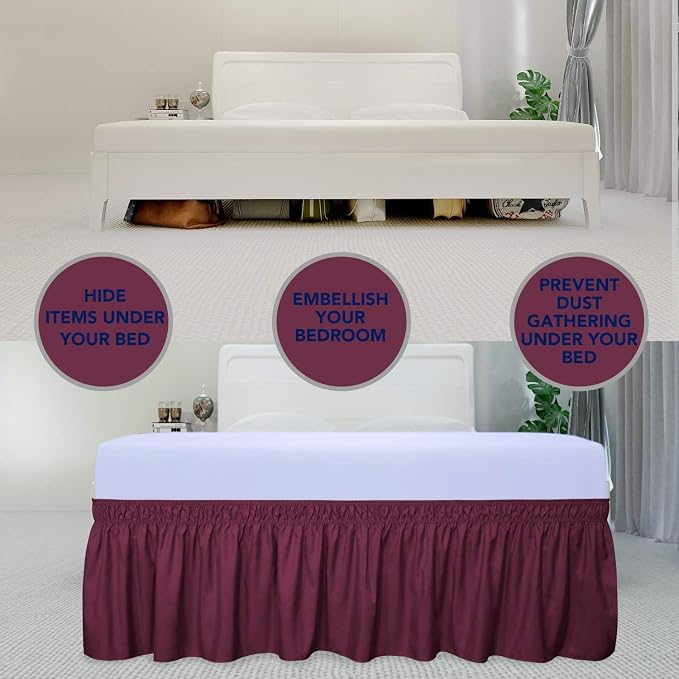 PureFit Wrap Around Ruffled Bed Skirt, Wine, Twin/Full - 22" Drop | Wrinkle Free Bedskirt Dust Ruffles, Easy to Put On Frame Cover with Adjustable Elastic Belt