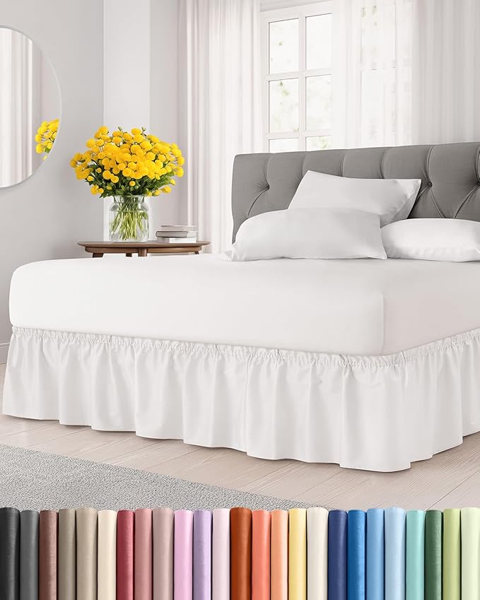Wrap Around Dust Ruffle Bed Skirt, King Size - 12 Inch Drop, Antique White | Easy Fit Elastic Strap, Adjustable Pleated Bedskirt w/Brushed Fabric, Wrinkle & Fade Free, for Women, Men, Kids & Teens