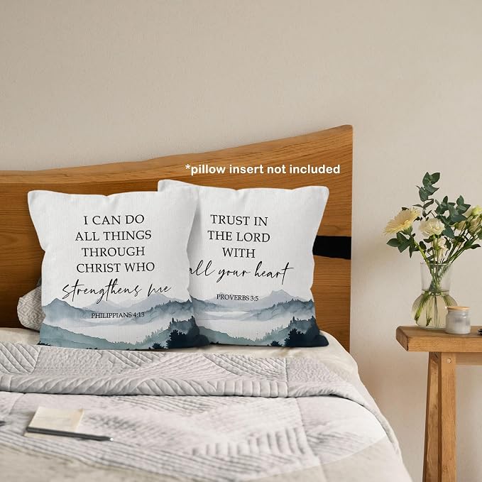 Boho Christian Bible Inspirational Throw Pillow Covers 18x18 Set of 2, Mountain Woodland Decor Pillow Cases Gifts for Bedroom Living Room, Philippians Proverbs Pillowcases for Couch Bed Sofa