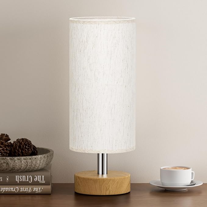 Table Lamp for Bedroom（Cream Shade - Wood Base, 11.6" Inline Control）