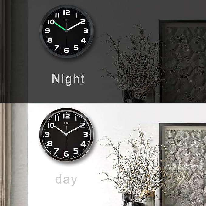 HITO 10 Inch Night Light Wall Clock Battery Operated Brightness Adjustable, Black Metal Frame, Glass Cover(Hands + Numbers Illuminate)