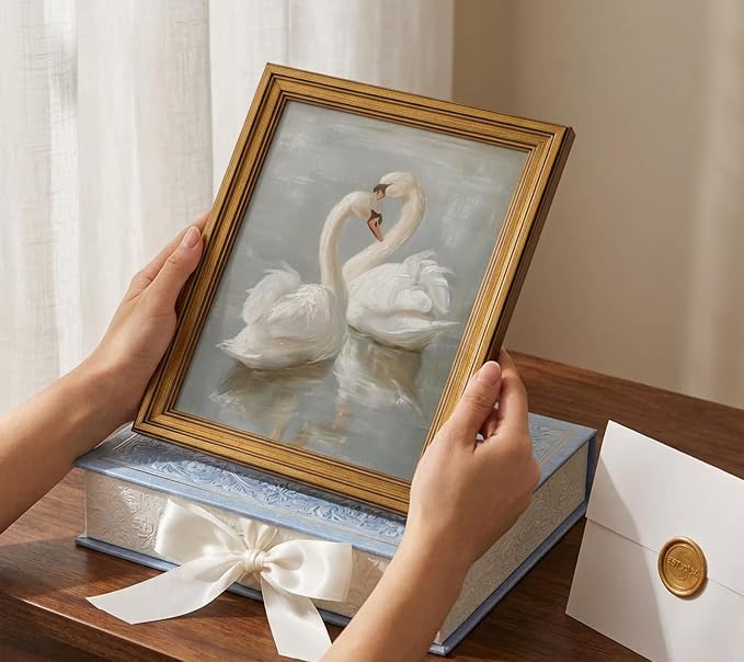 Rienkhu Gold Frame Vintage Wall Art Prints Decor Classical Swan Canvas Oil Painting Poster Pastel Watercolor Swan Vintage Art Pictures Farmhouse Wall Decor for Nursery Bedroom Bathroom Office 9x11in