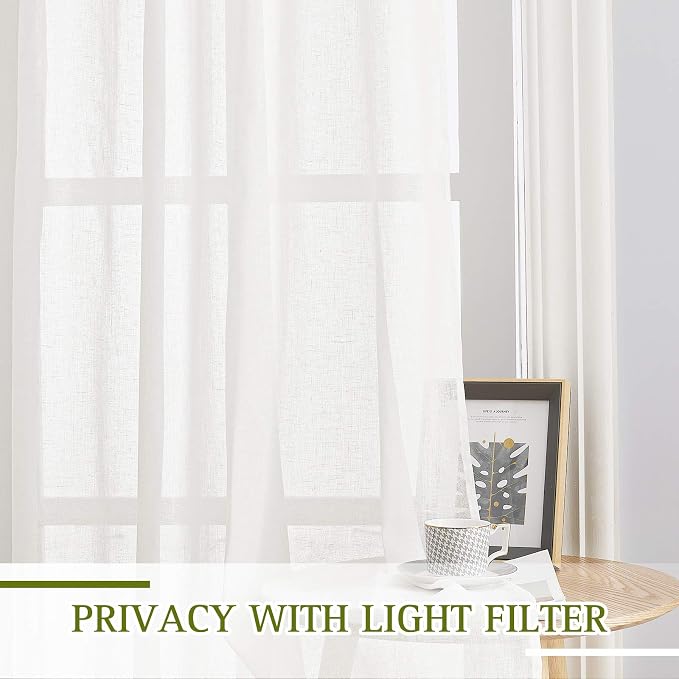 NICETOWN Semi Sheer Linen Curtains Flax Textured for Living Room, Grommet Vertical Drapes Natural Privacy Sheer Panels with Light Filter for Villa/Cottage, W52 x L84, Ivory, 1 Pair