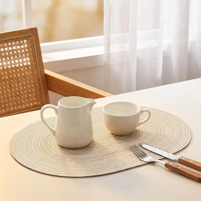 Placemats Set of 6, Woven Oval Braided Dining Table Mats(Beige) | 12 x 17.5 Inch Size Fits Plates and Flatware; Hand Washable and Heat Resistant for Kitchen Use, with Farmhouse and Boho Style