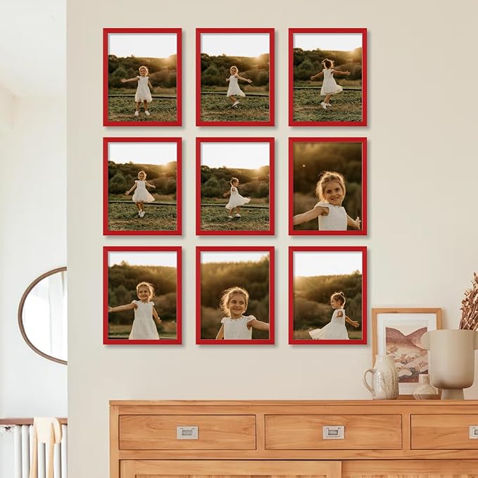 YESKAY 11x14 Picture Frame Set of 9, Photo Gallery Wall Frame Set, Display Pictures 8x10 with Mat or 11 x 14 Without Mat, Multi Photo Frames for Wall Mounting or Table Top Display, Red
