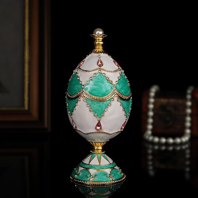 QIFU Hand Painted Easter Egg Style Enamel Trinket Box Hinged, Unique Gift for Family