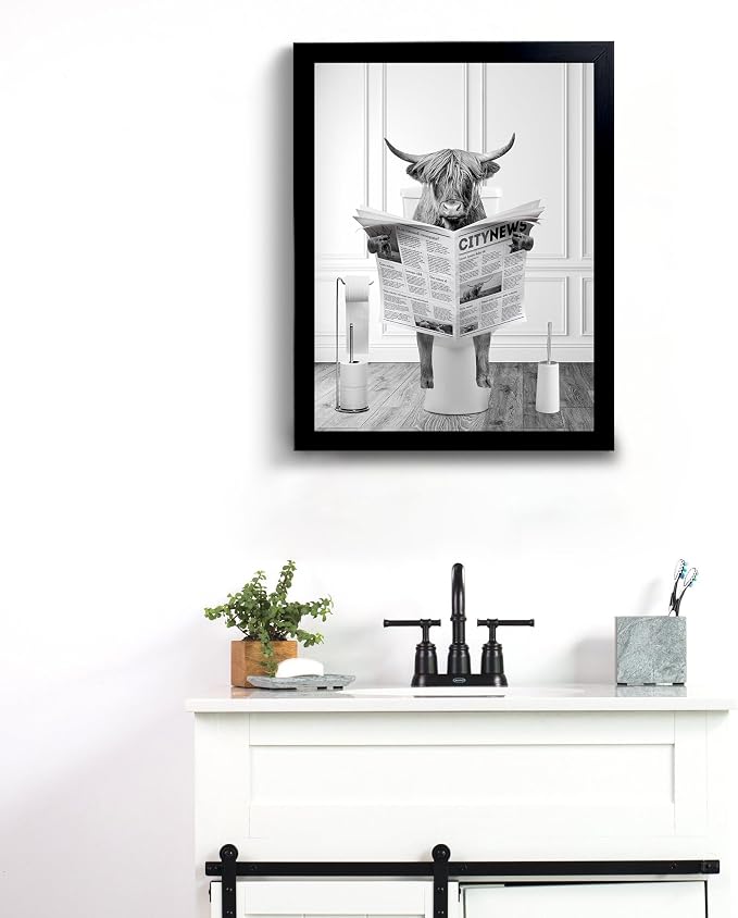 Funny Highland Cow Wall Art, Black Framed, Humor Animals Bathroom Artwork, Kids Bedroom Decor