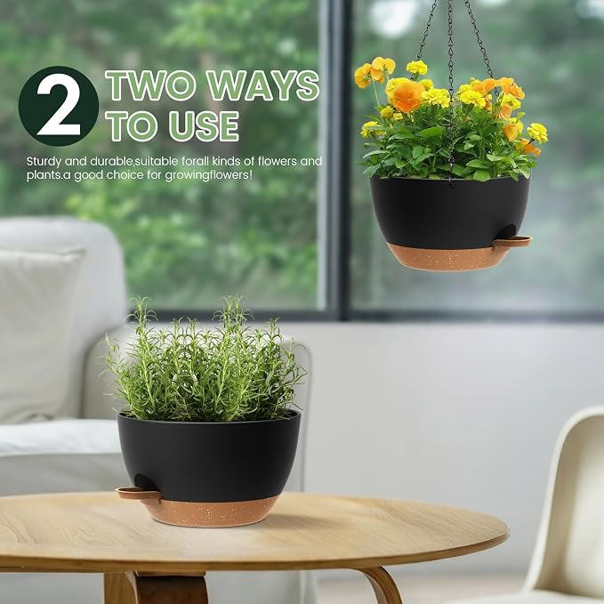 2 Pack 12 Hanging Flower Pots with Chains Self Watering Plastic Planters for Indoor Outdoor Plants, Sturdy Triangular Iron Chain Design for Garden PorchPlastic hanging flower pots(2, Black Brown)