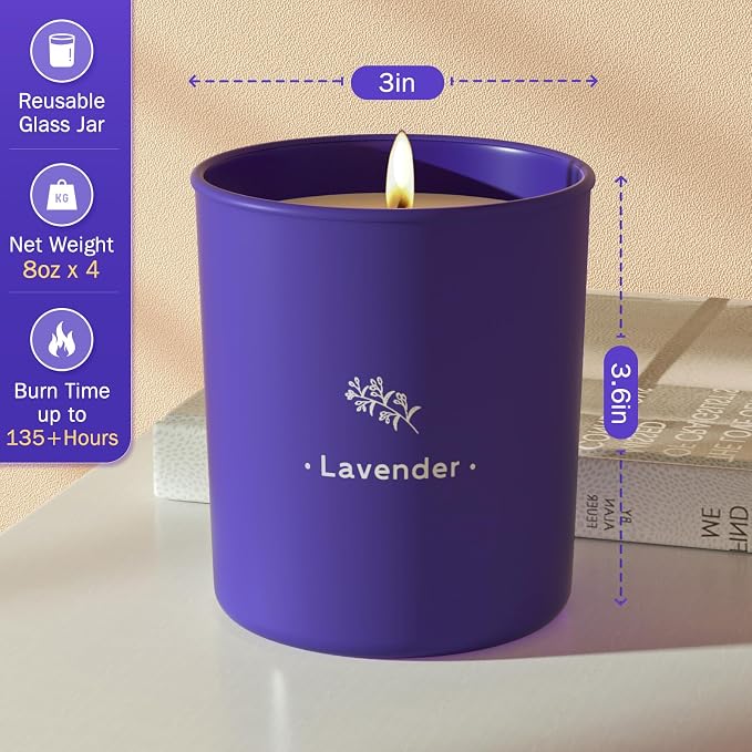 Lavender Scented Candle, 8 oz Soy Wax Jar Candle for Women, 45 Hour Burn | Long Lasting Candle for Home Scented, Purple Glass Jar Gift for Girl, Chrismas Mother's Day Valentine's Day Birthday, 4 Pack
