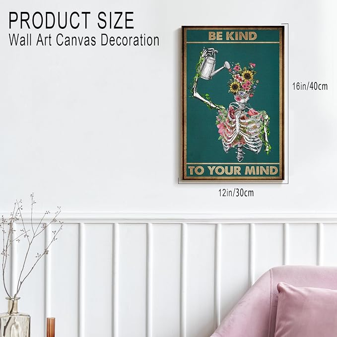 DIHSIEG Be Kind To Your Mind Canvas Wall Art Gothic Botanical Print 12x16 | Inspirational Modern Home Decor Vintage Skeleton Flower Wall Art for Bedroom, Living Room, Office & Study, Meditation Space