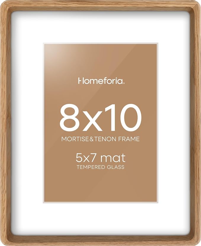 Homeforia 8x10 Mortise&Tenon Natural Oak Picture Frame, 5x7 Mat, Glass