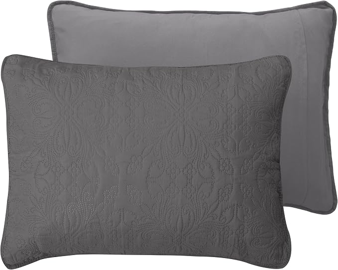 Easy-Going Reversible Quilt Set Twin, Bedspread with 1 Shams | Damask-Gray/Light Gray, Lightweight Microfiber Bed Comforter, 1 Quilt + 1 Pillow Shams, All-Season Coverlets for Bedroom