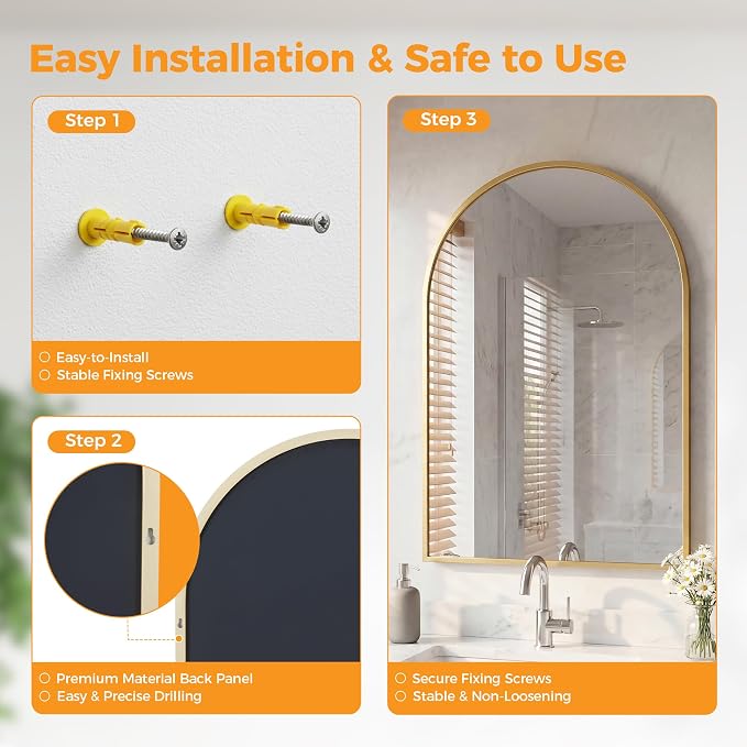 DUMOS 26"x38" Arched Wall Mirror, Bathroom Mirrors for Over Sink, Gold | Tempered Glass & Anti Rust Metal Frame, Decor for Entryway, Living Room, Bedroom, Vanity