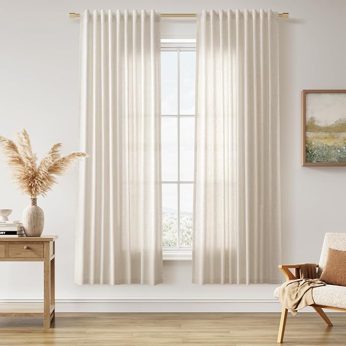Linen Curtains 72 Inches Long for Living Room Semi Sheer Light Filtering Curtain Back Tab Rod Pocket Neutral Boho Modern Farmhouse Decor Window Drapes for Bedroom 52x72 2 Panels Boho