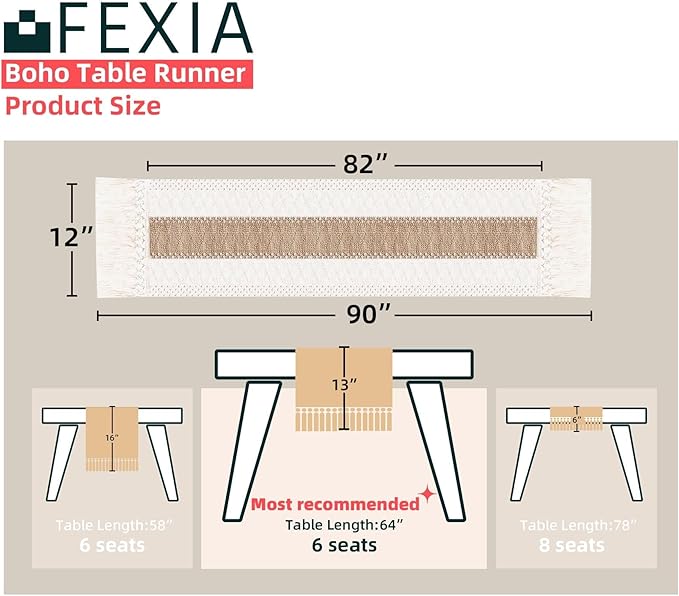 FEXIA Boho Table Runner for Fall Home Decor 12x90 Rustic with Tassels | 90 Inches Long Farmhouse Kitchen Dining Room Macrame Burlap Coffee Table Decoration Dresser Runner Pottery Barn Furniture
