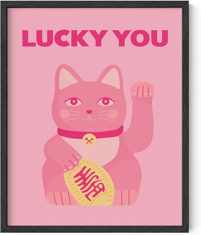 HAUS AND HUES Pink Cat Wall Art - Lucky You Framed Japanese Cat Poster, Trendy Pink Aesthetic Art for Bedroom or Dorm, 16x20 Black Frame