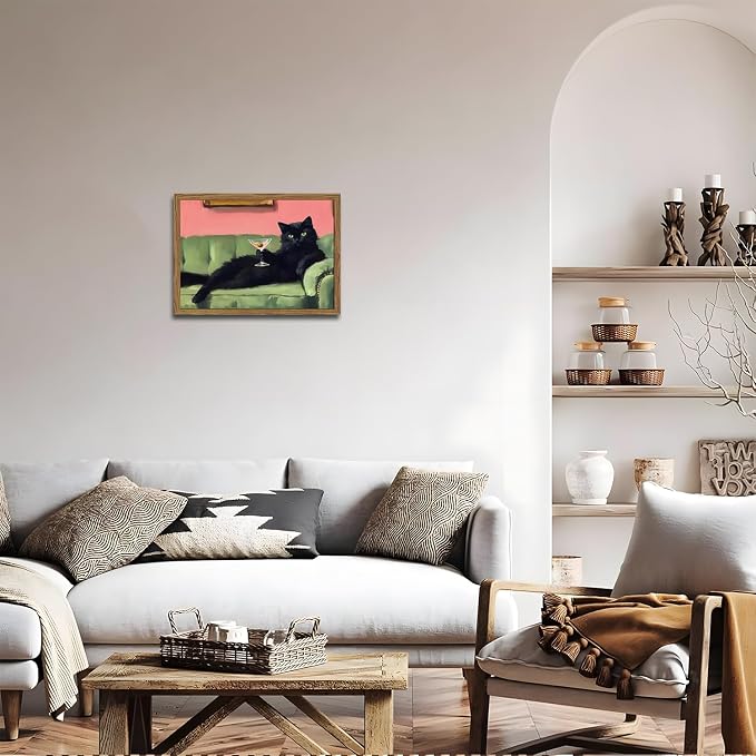 Funny Black Cat Martini Wall Art, Bar Cart Decor, Eclectic Cocktail Painting Canvas Print, Cute Animal Artwork Picture for Bedroom Living Room Kitchen 16x24 inch Wood Framed
