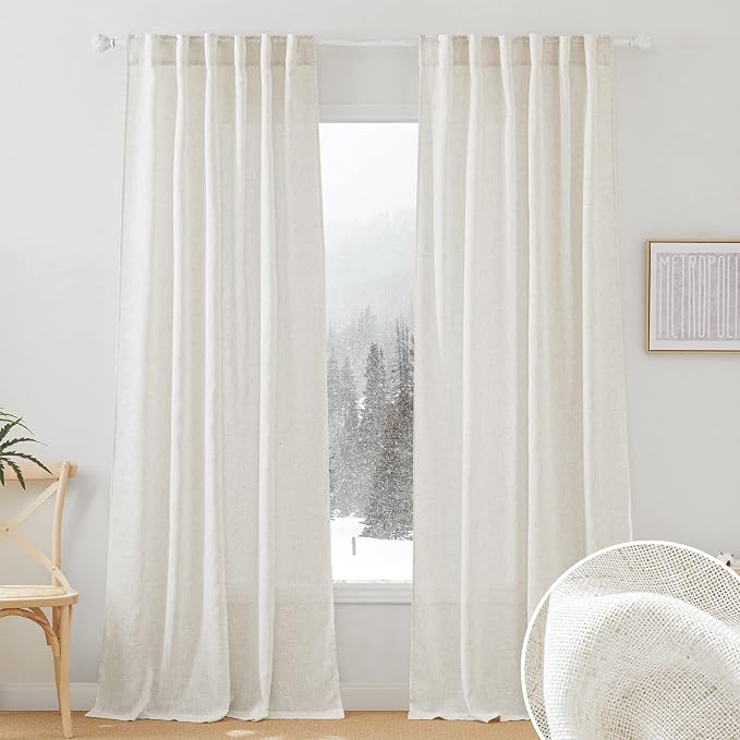 RYB HOME Linen Semi Sheer Curtains for Bedroom Living Room 84 inches Long | Light Filtering Privacy, Textured Burlap, Dining Room Sunroom Patio Door, Rod Pocket & Back Tab, W52 x L84, 2 Panels, Linen