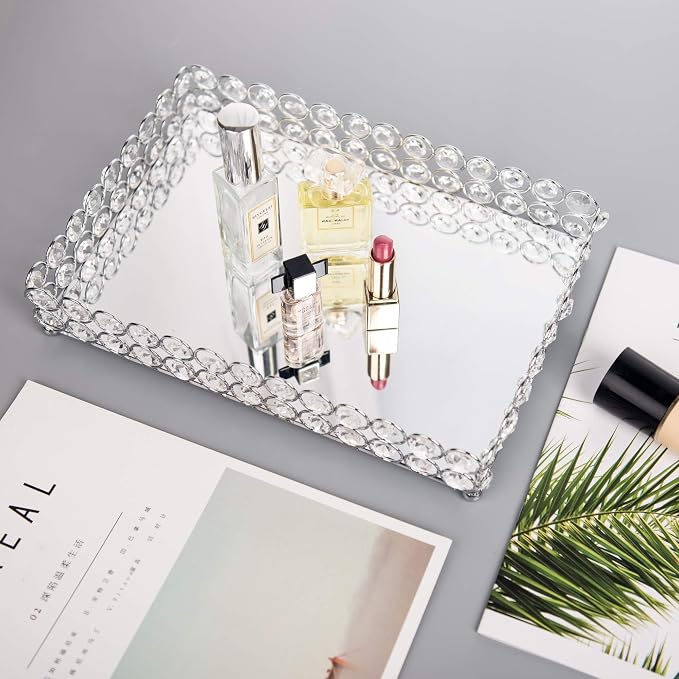 Feyarl Crystal Vanity Makeup Perfume Tray Ornate Jewelry Trinket Organizer Cosmetic Decorative Tray Skin Care Storage for Home Dressing Table Wedding Decoration(Rectangle 12" x 8")
