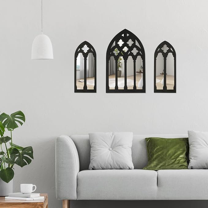 3 Pcs Arched Window Wall Mirror Set, Gothic Wall Mirror Decor, Cathedral Arched Mirror Decor, Self-Adhesive Arched Wall Mirror for Living Room Bedroom Bathroom Vanity Entryway(31-C Model)