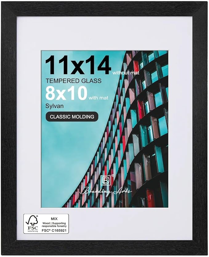 11x14 Picture Frame-Black,8x10 Mat,Tempered Glass,Engineered Wood