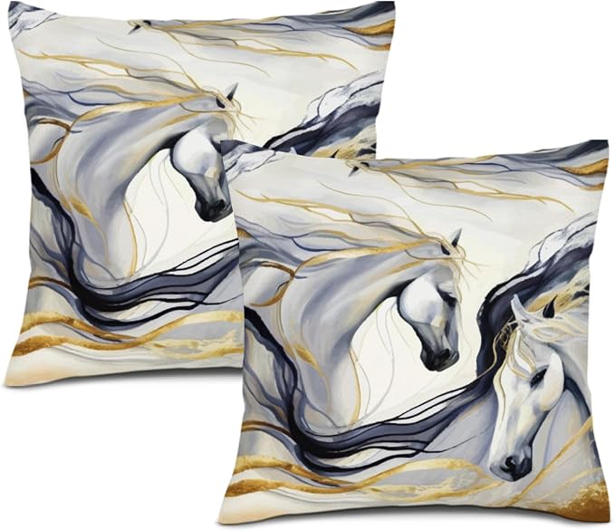 Abstract Horse Throw Pillows Cover 18"x18" Set of 2, Black Gold Pillow Cases for Sofa Couch Chair,Horse Living Room Couch Decor,Horse Stuff for House Lovers