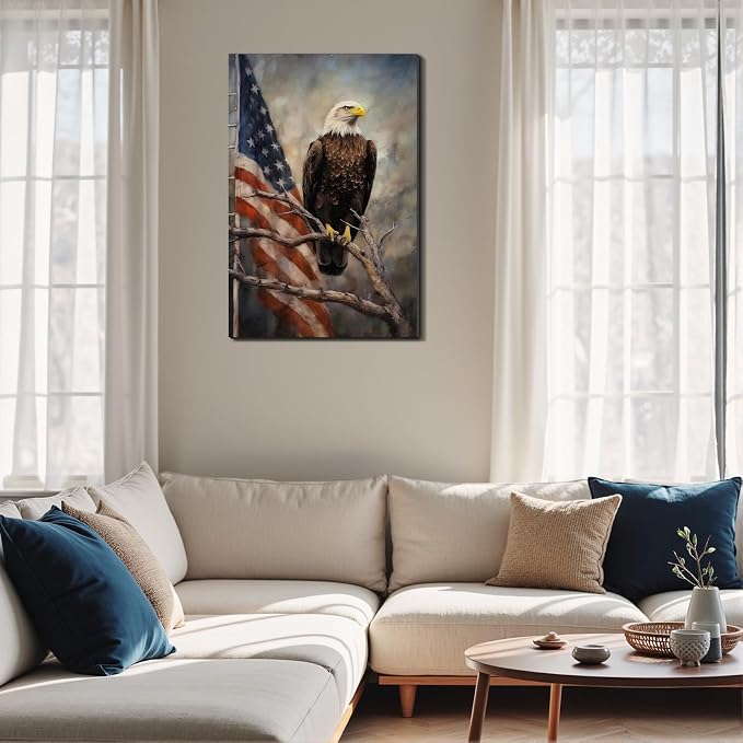Framed Bald Eagle American Flag Wall Art, Patriotic Rustic Canvas Art Pictures, USA Eagle Wall Decor, Made in USA Ready to Hang for Office Man Cave Living Room