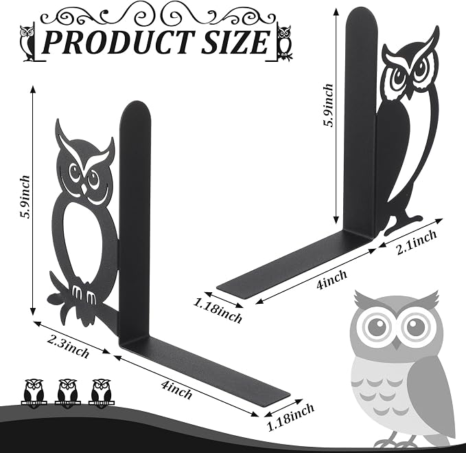 Geelin Metal Owl Bookends Set of 2, Black Book Ends for Shelves Decor