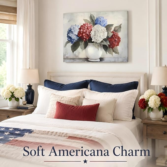 RIBNTAK Patriotic Hydrangea Wall Art USA Red White Blue Flower Vase Print Pictures Wall Decor Canvas Painting Artwork Decorations for Bedroom Bathroom Kitchen Living Room,Made in USA