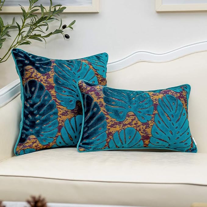 Alerfa 20 x 20 Inch Square Leaf Pillow Embroidery Cut Velvet Cushion Case Luxury Modern Lumbar Throw Pillow Cover Decorative Pillow for Couch Sofa Living Room Bedroom Car, Navy Blue