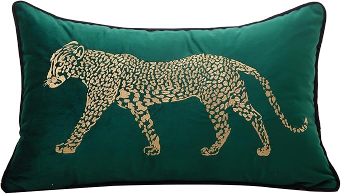 Green Velvet Leopard Embroidered Lumbar Pillow Cover 12x20 Inch