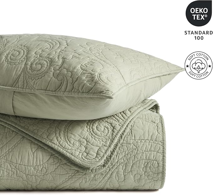 EVERGRACEHOME 100% Cotton Paisley Quilt Set, Queen Size, Light Sage Green | Prewashed for Softness, Year-Round Breathability, Gift-Ready Box, Matelasse-style Quilted Coverlet, 3 Piece Set with 2 Shams