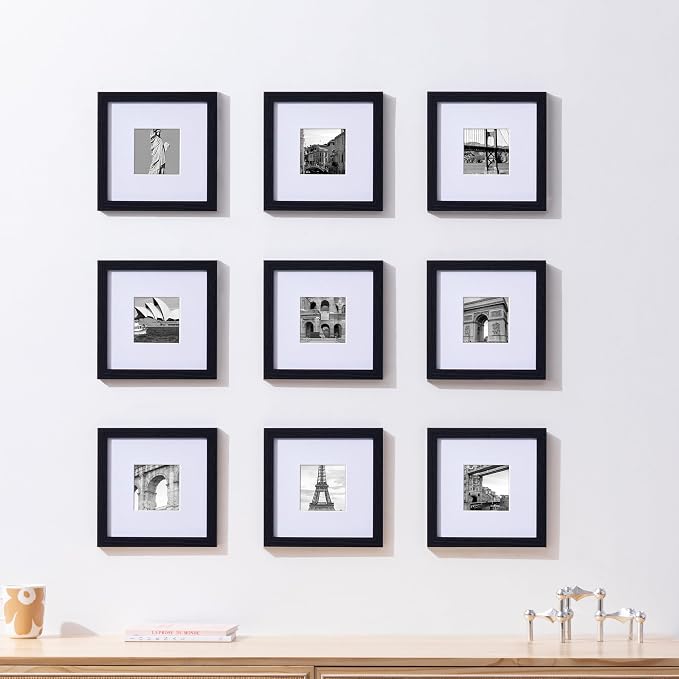 eletecpro Picture Frames Set of 9, 8x8 in, Acrylic Cover, Black | Display Photo 4x4 with Mat or 8x8 without, Square Gallery Collage, Wall Mount, Minimalist Home Decor, Engineered Wood