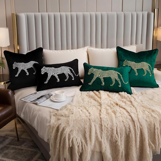 vctops Soft Velvet Embroidery Square Decorative Throw Pillow Covers Leopard Pattern Cushion Case for Sofa Bedroom Couch (Green,18"x18")