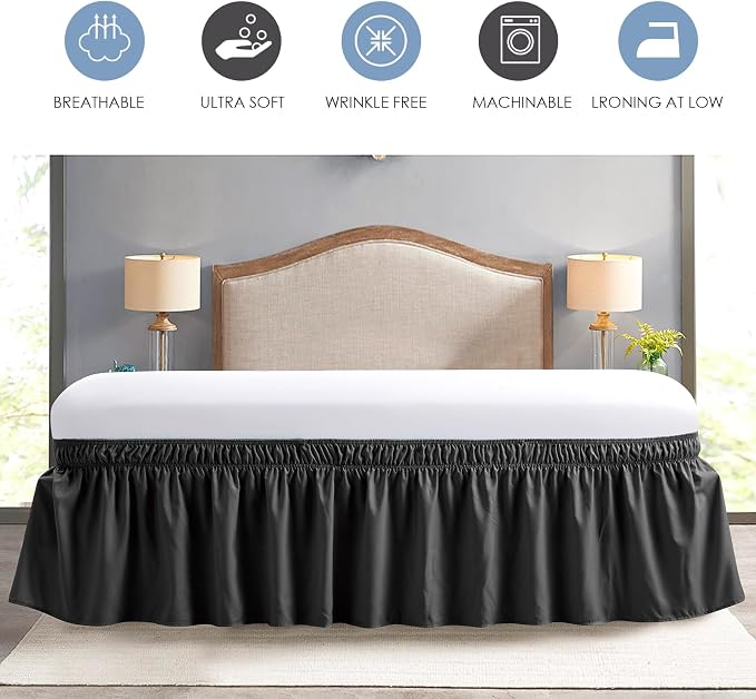 FreshCulture Elastic Wrap Around Bed Skirt - Easy Fit with 15-Inch Tailored Drop, Hotel Quality Dust Ruffle for Full Size Bed (Black)