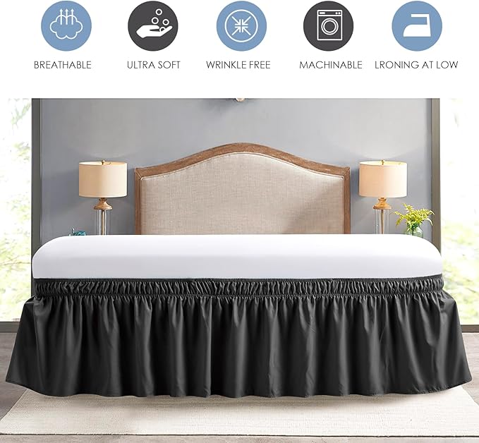 FreshCulture King Bed Skirt, Dust Ruffle for King Size Bed, Easy Fit with 18-Inch Tailored Drop, Elastic Wrap Around Bed Skirt King Size, Hotel Quality Bed Skirts for Adjustable Bed (Black)