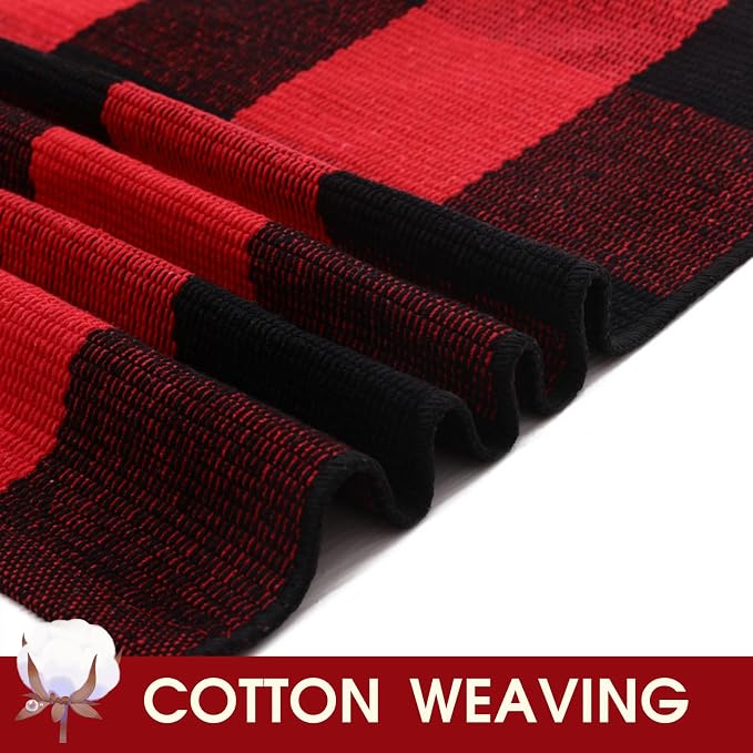 Christmas Red and Black Plaid Rug, 4' x 6' Cotton Hand-Woven Layered Door Mat for Front Porch, Entryway, Outdoor Holiday Decor, Washable Buffalo Check Rug for Home, Patio, Kitchen