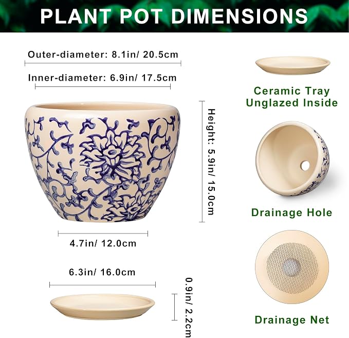 Ceramic Pots for Plants - 8 Inch Plant Pot with Drainage Hole and Saucer, Modern Flower Pots for Indoor Outdoor Plants, Round Decorative Planter, Bedroom Decor, Plant Lover Gift, Retro Blue