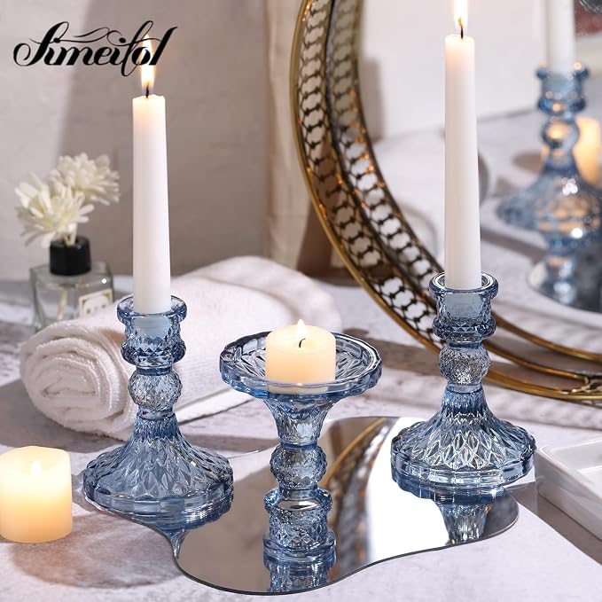 Glass Candle Holder Set of 12, Blue Taper Candle Holders Bulk | Vintage Candlestick Holders, Candle Stick Holder for Table Centerpieces, Wedding, Festival & Home Decor