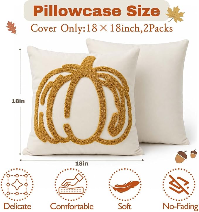 ONFAON Embroidered Fall Pumpkin Pillow Covers 18x18 Inch Set of 2 | Autumn Decor Throw Pillow Cover, Halloween Farmhouse Home Decor Throw Cushion Cases for Living Room Couch Sofa Bed
