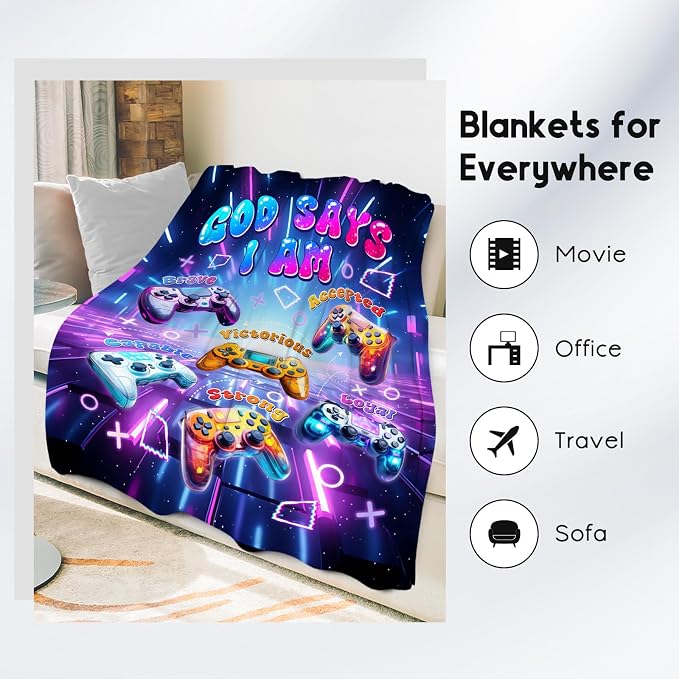Gaming Blanket for Boys, Soft Plush Throw for Teenage Boys Men, God Says I Am Kids Blanket for Couch Office, Gamer Supplies Room Decor Gifts, 30"x40"