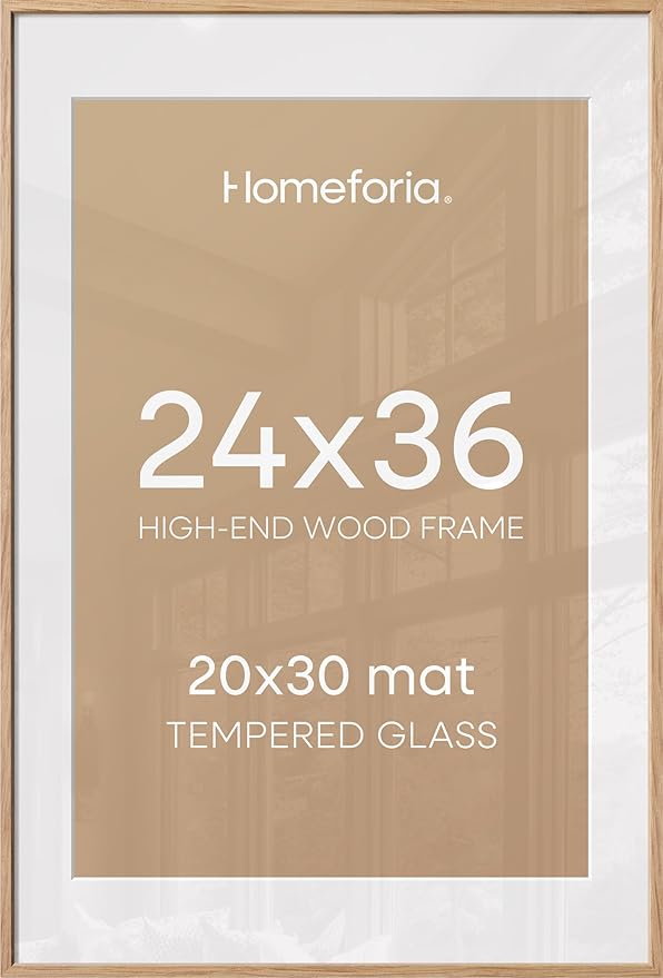 Homeforia 24x36 Natural Oak Poster Frame, High-End Wood, 20x30 Mat, Glass